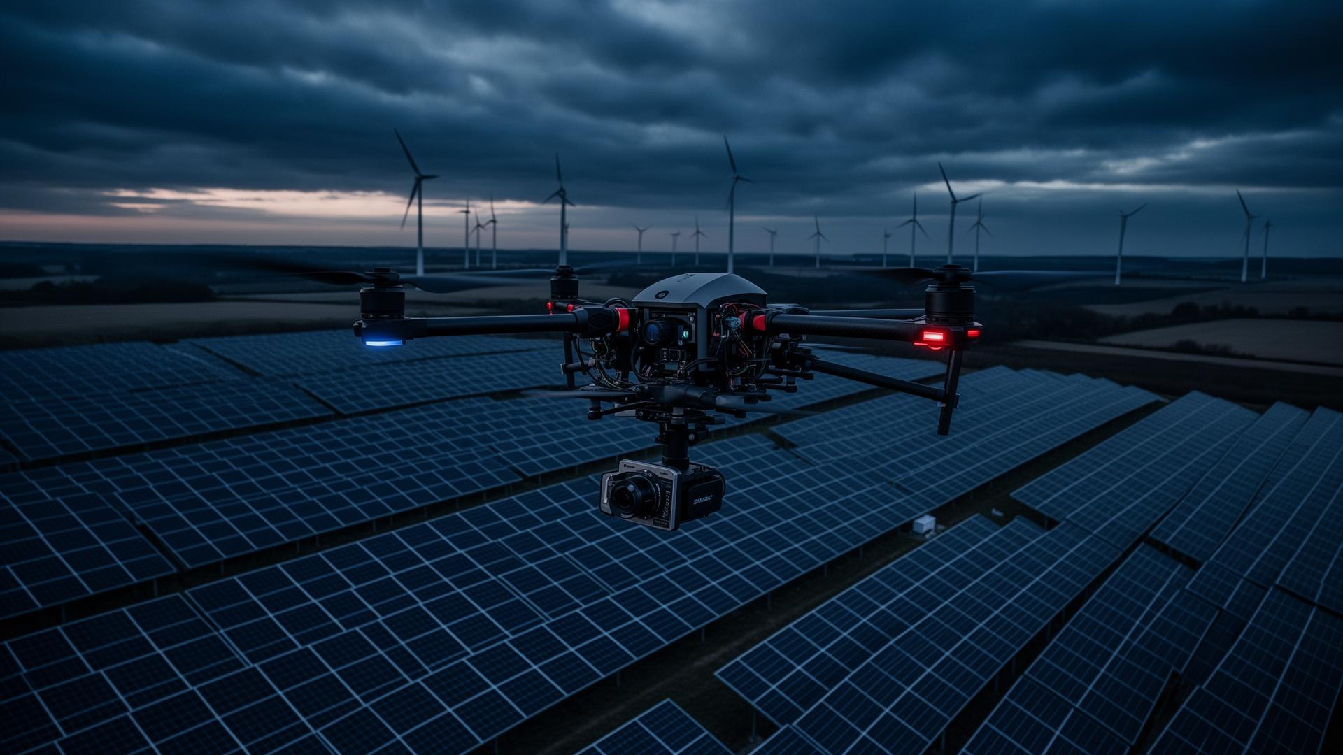 Industrial drone inspecting a solar farm at dusk